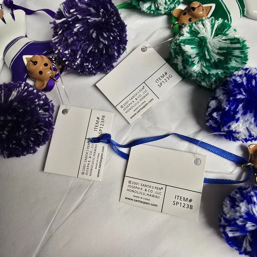 Set of 3 Santa's‎ Best Cheerleader Bear Ornaments Purple Green Blue Pom Poms